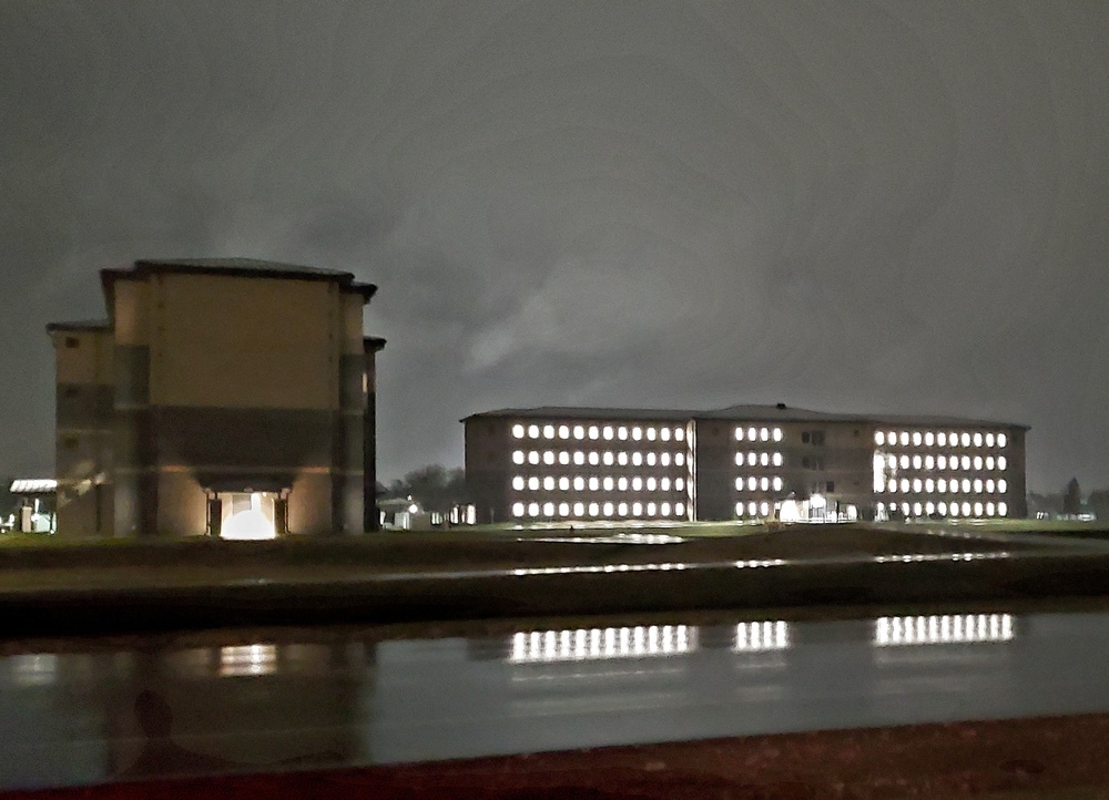 New barracks at night at Fort McCoy