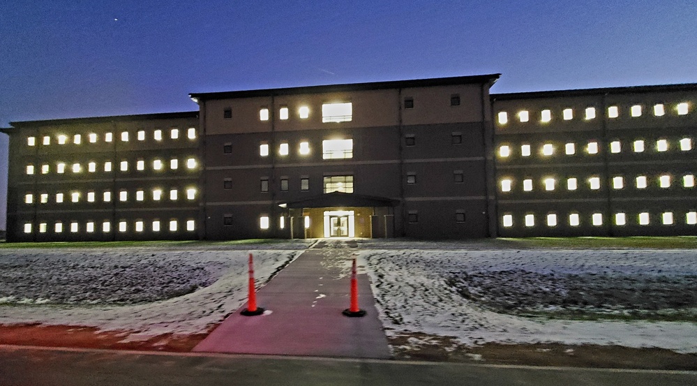 New barracks at night at Fort McCoy