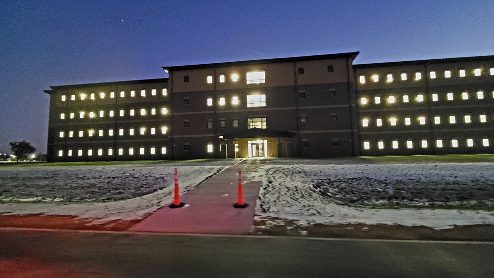 New barracks at night at Fort McCoy