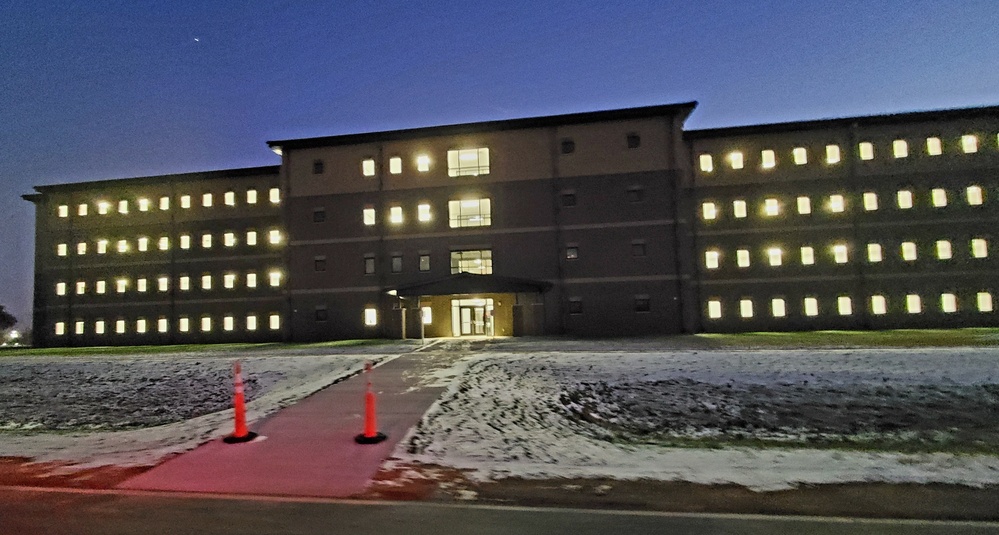 New barracks at night at Fort McCoy