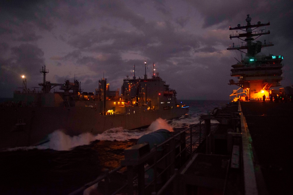USS Ronald Reagan (CVN 76) conducts replenishment-at-sea with USNS Carl Brashear