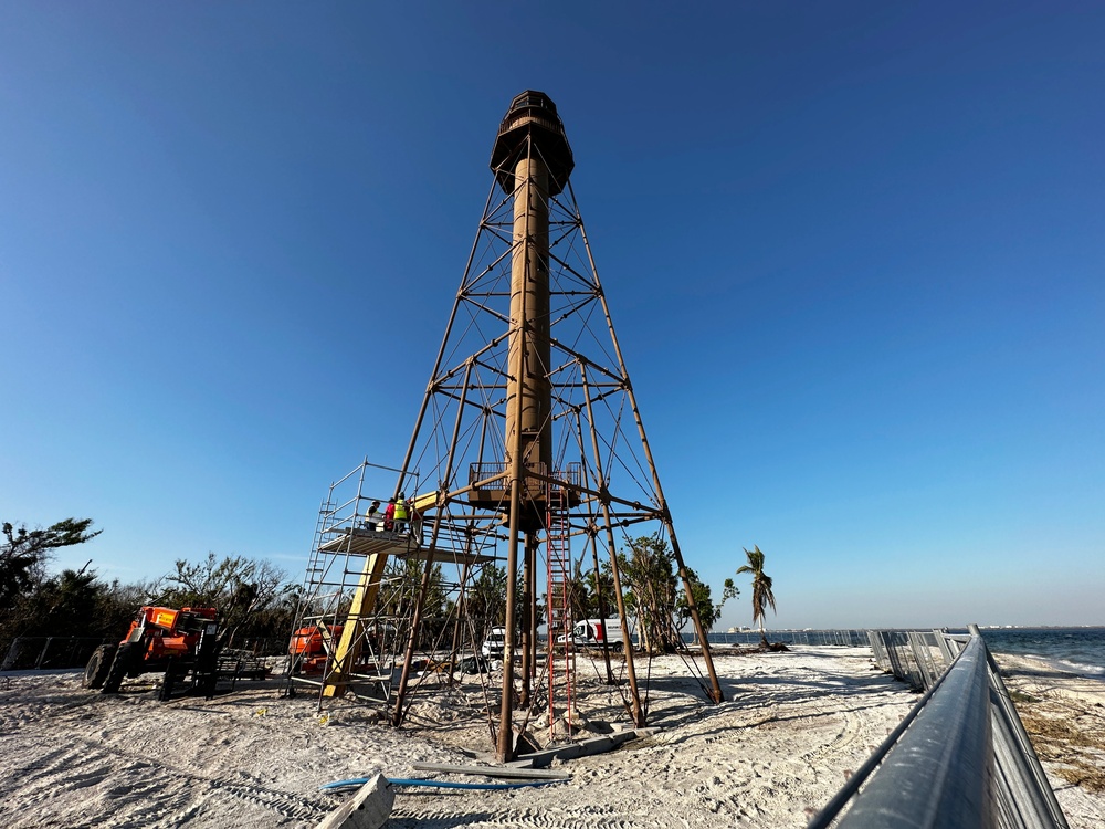 Crews Work to Repair the Sanibel Lighthouse Damaged by Hurricane Ian