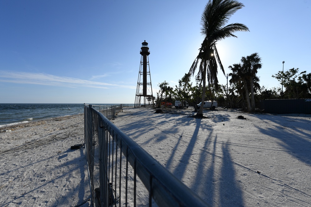 Crews Work to Repair the Sanibel Lighthouse Damaged by Hurricane Ian