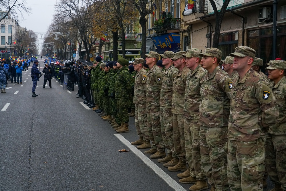 Screaming Eagles participate in the Romanian National Day parade.