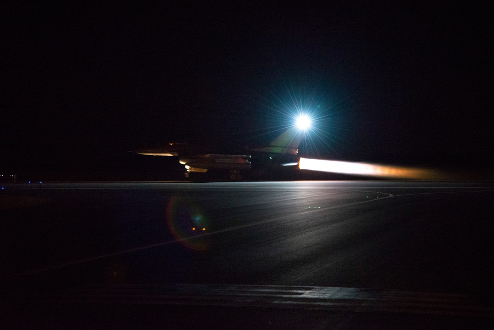 177th Fighter Wing F-16C Takes Off in Full Afterburner During Night Training