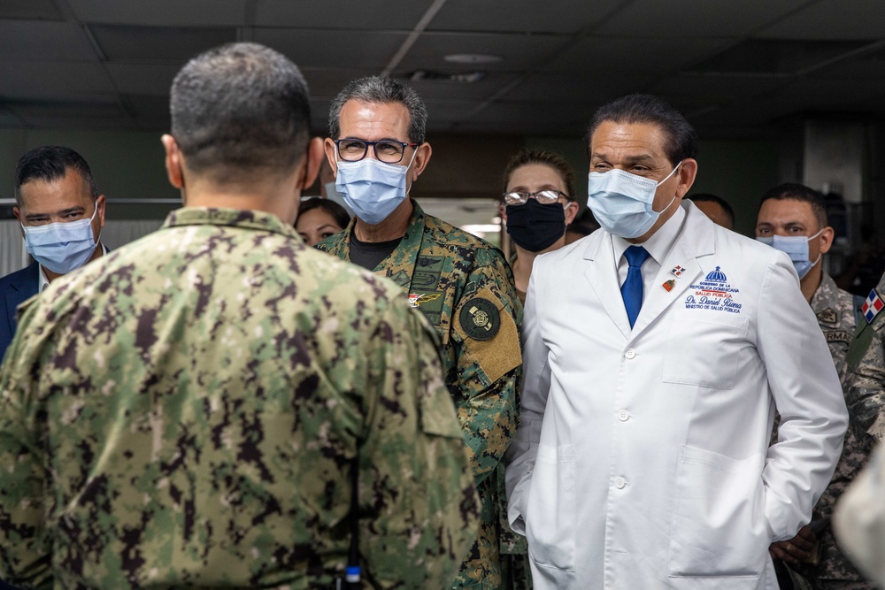 Lt. Gen. Carlos Diaz-Morfa, Dominican Republic Minister of Defense, and Dr. Daniel Rivera, Dominican Republic Minister of Health, take a tour of USNS Comfort during Continuing Promise 2022, in Santo Domingo