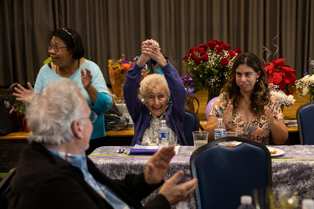 World War II veteran Marine Cpl. Dorothee Irwin celebrates 100th birthday