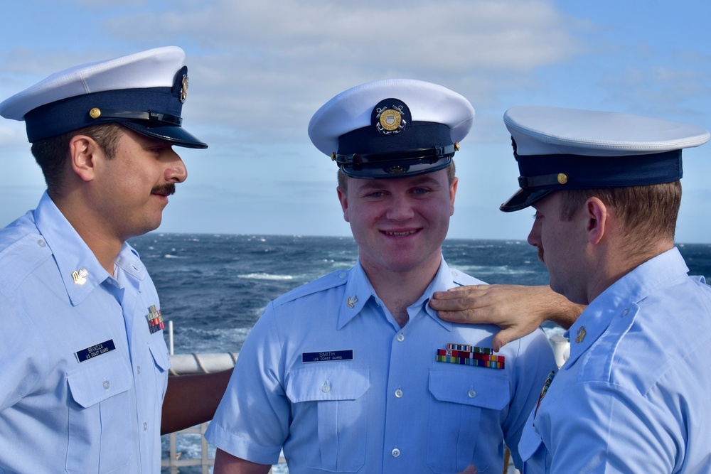 USCGC Hamilton crew members hold advancement ceremony at sea