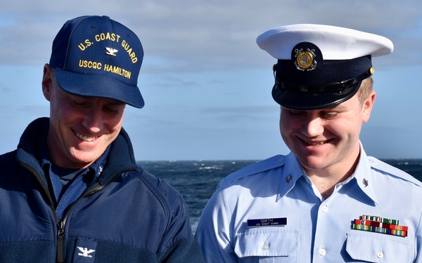 USCGC Hamilton crew members hold advancement ceremony at sea