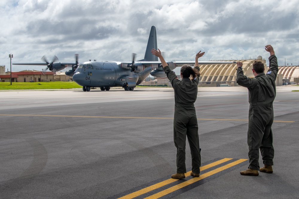 A Royal New Zealand Air Force C-130H Hercules arrives at Andersen AFB