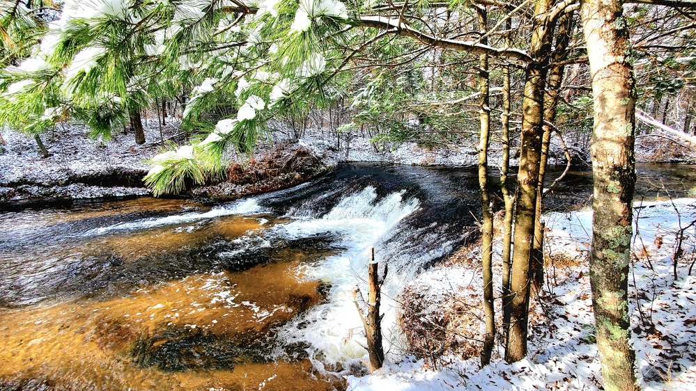 Snowy day at Fort McCoy's Trout Falls in Pine View Recreation Area