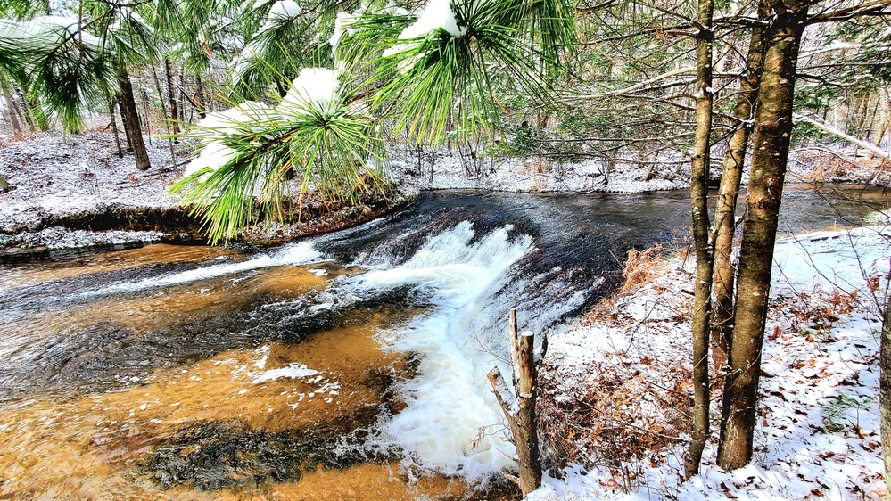 Snowy day at Fort McCoy's Trout Falls in Pine View Recreation Area