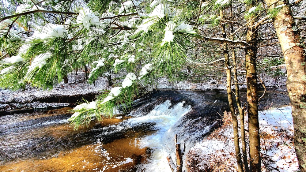 Snowy day at Fort McCoy's Trout Falls in Pine View Recreation Area