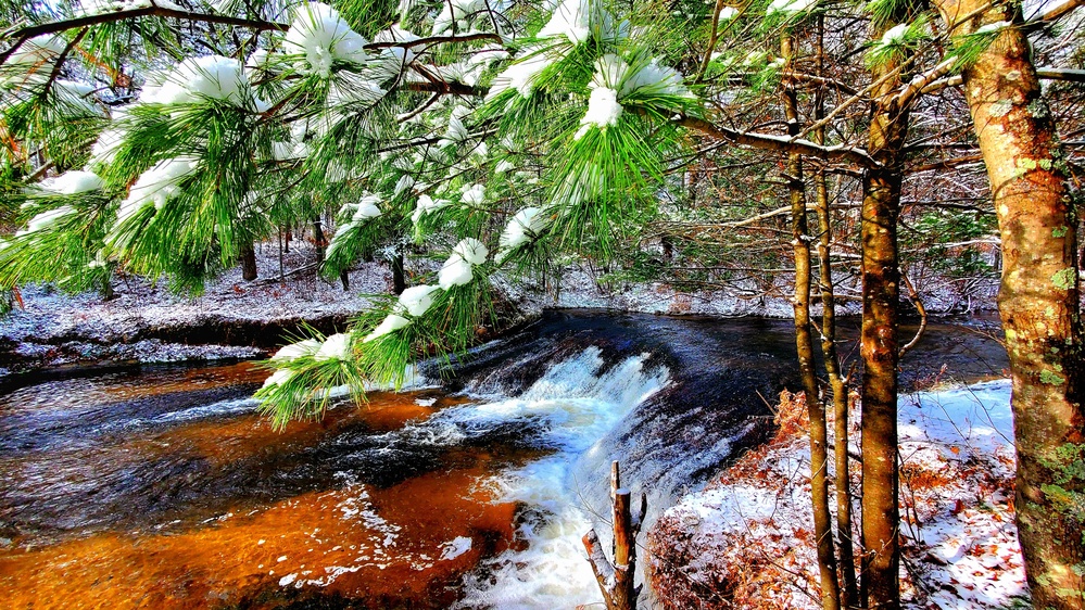 Snowy day at Fort McCoy's Trout Falls in Pine View Recreation Area