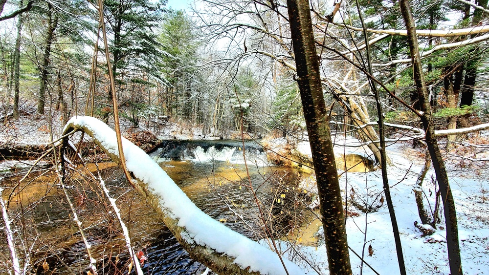 Snowy day at Fort McCoy's Trout Falls in Pine View Recreation Area