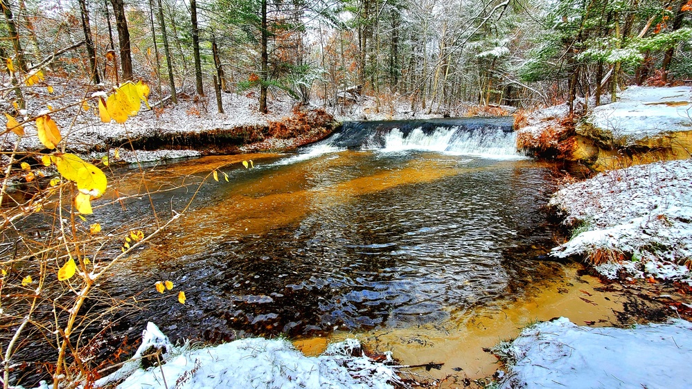 Snowy day at Fort McCoy's Trout Falls in Pine View Recreation Area