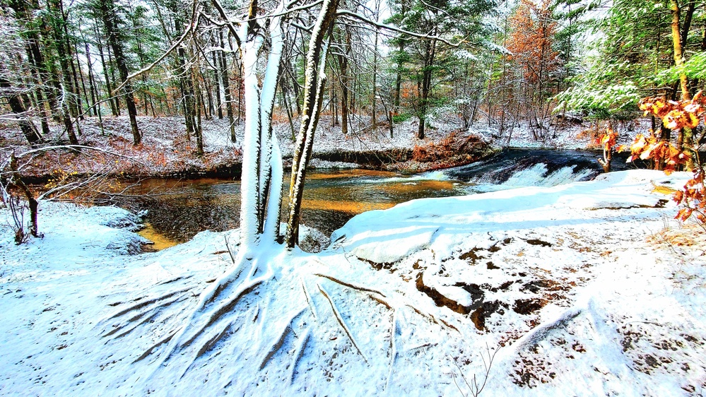 Snowy day at Fort McCoy's Trout Falls in Pine View Recreation Area