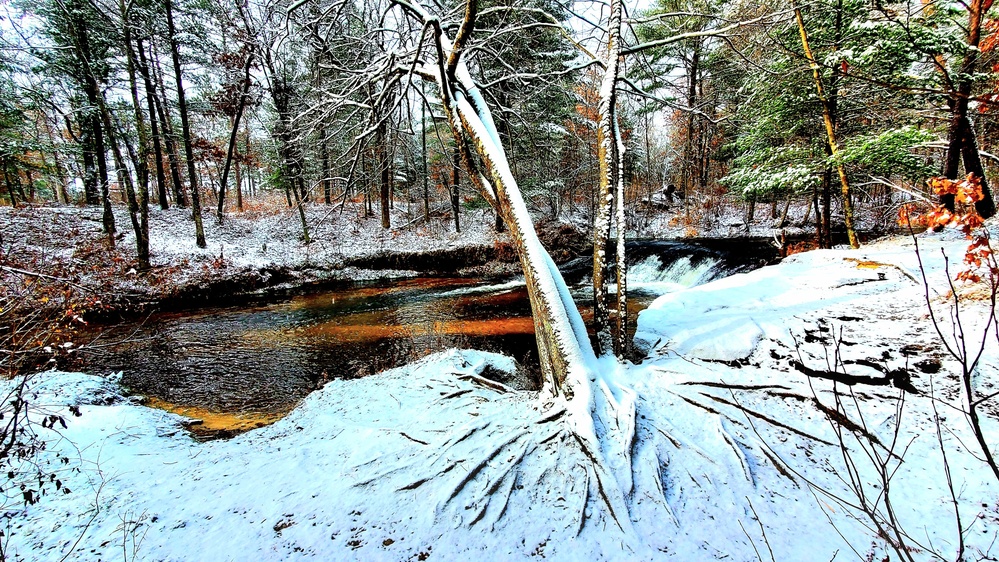 Snowy day at Fort McCoy's Trout Falls in Pine View Recreation Area