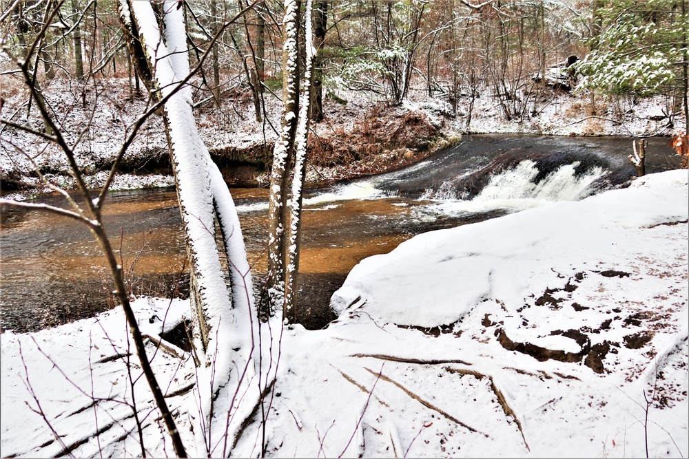 Snowy day at Fort McCoy's Trout Falls in Pine View Recreation Area