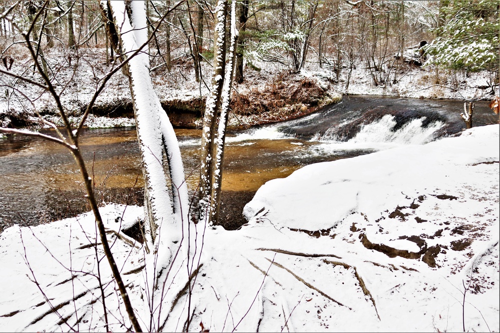 Snowy day at Fort McCoy's Trout Falls in Pine View Recreation Area