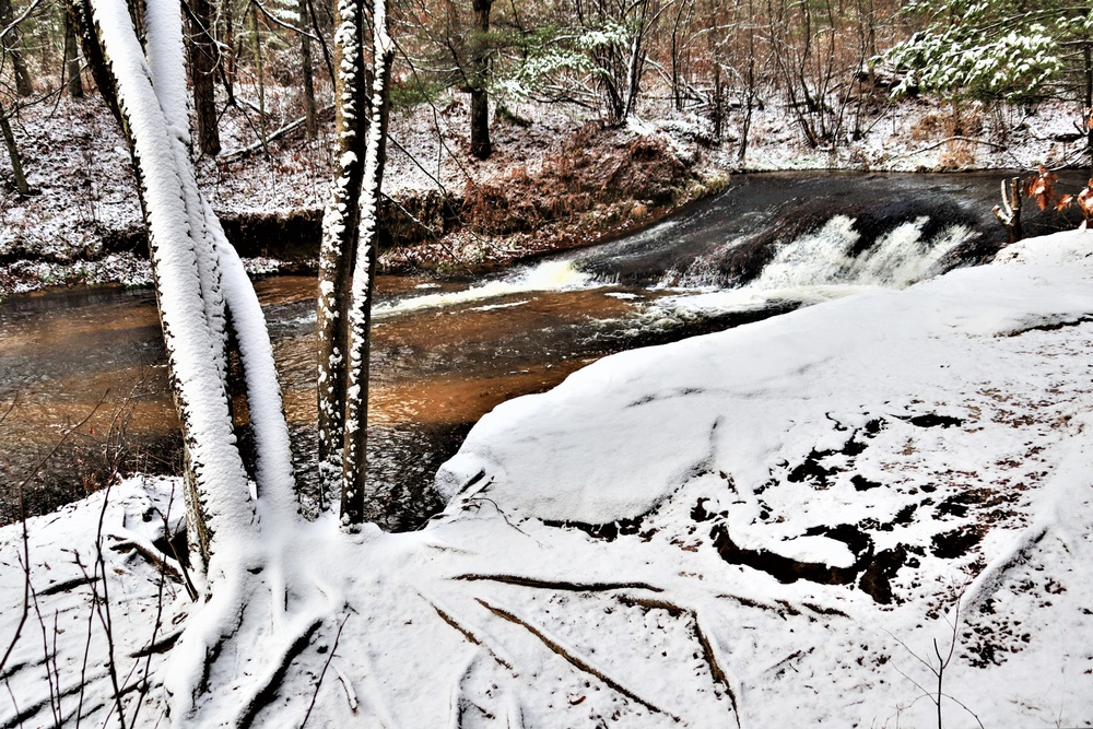 Snowy day at Fort McCoy's Trout Falls in Pine View Recreation Area