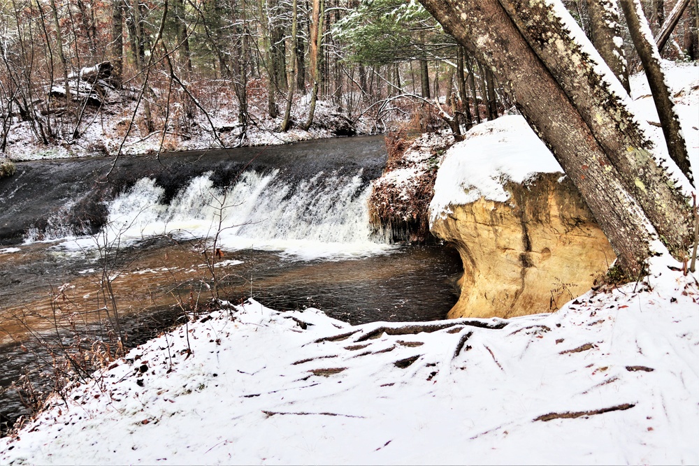 Snowy day at Fort McCoy's Trout Falls in Pine View Recreation Area