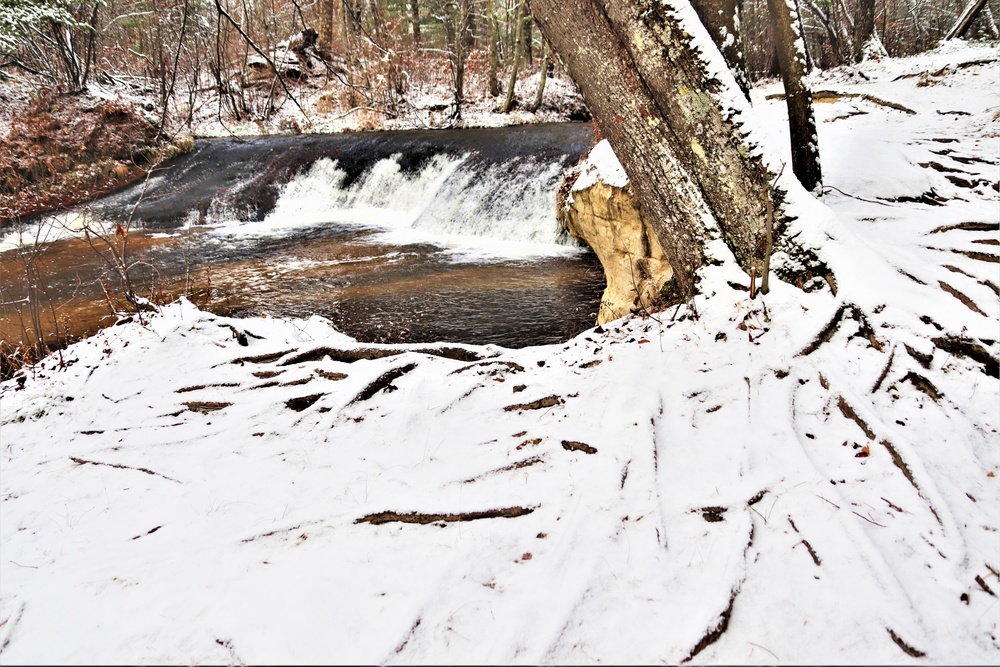 Snowy day at Fort McCoy's Trout Falls in Pine View Recreation Area