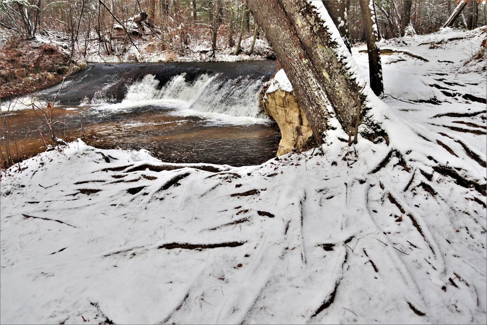 Snowy day at Fort McCoy's Trout Falls in Pine View Recreation Area