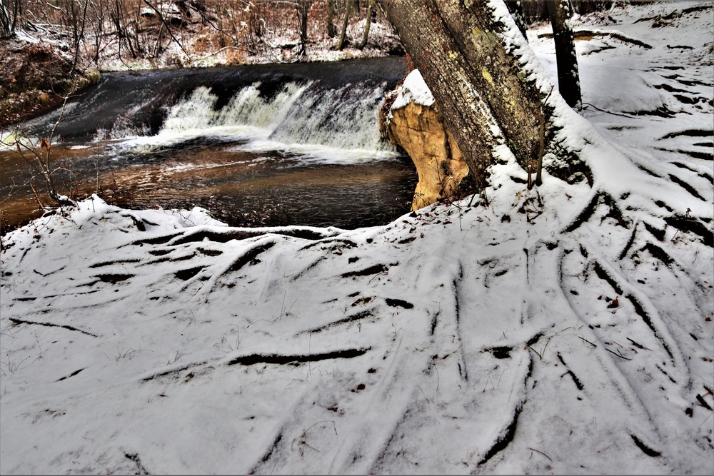 Snowy day at Fort McCoy's Trout Falls in Pine View Recreation Area