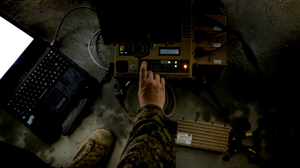 Keen Sword 23: Marines conduct a functions check on the Panther II satellite system