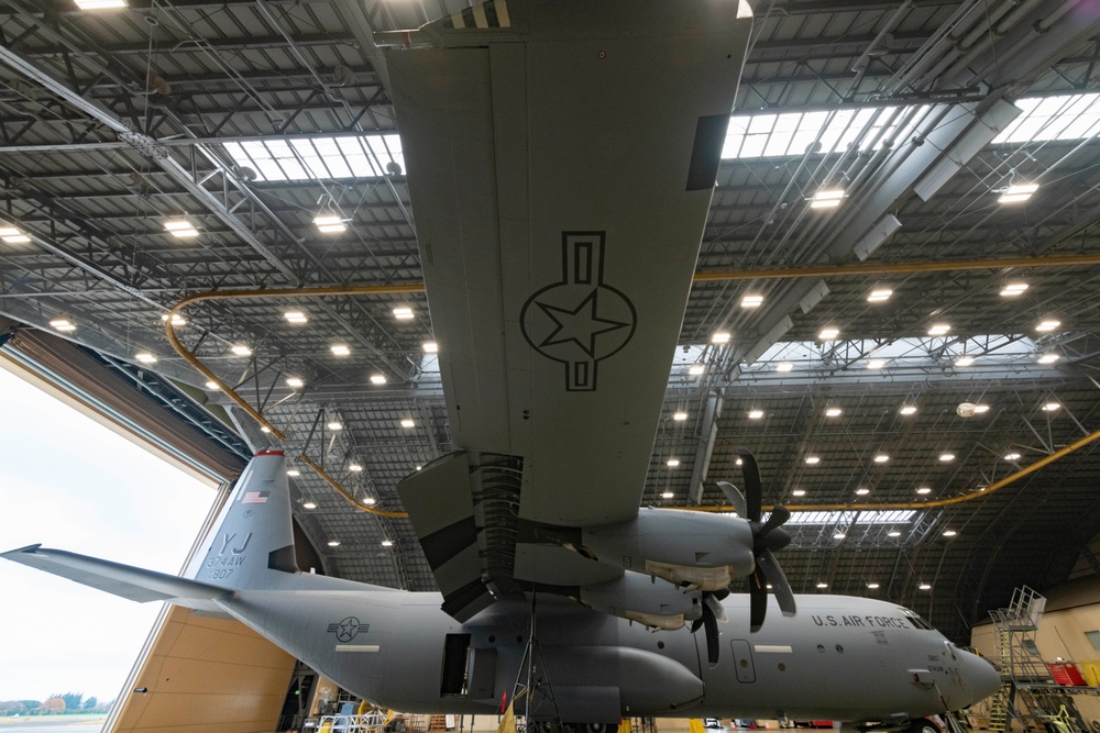 The C-130J Super Hercules with new tail flash stripe