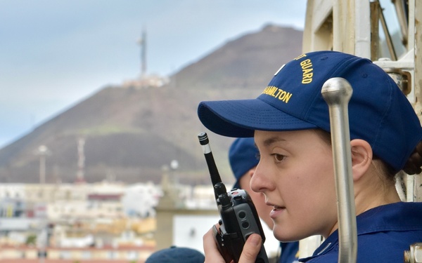 USCGC Hamilton gets underway in the Canary Islands