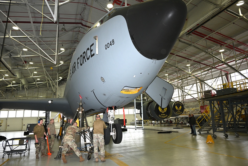 127th Air Refueling Group of Selfridge performs a landing gear swing to test new Centering Cylinders