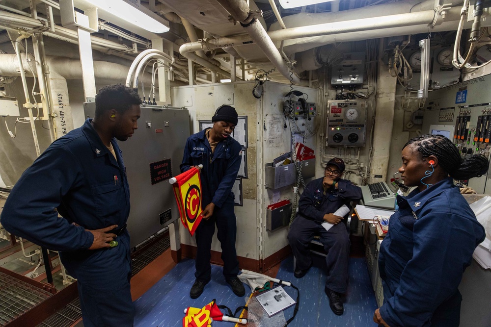 U.S. Navy Sailors take part in engineering and damage control training drills aboard USS Chung-Hoon