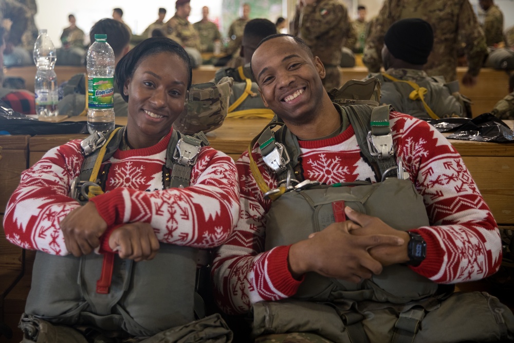 The 54th Brigade Engineer Battalion organized the Ugly Holiday Sweater jump