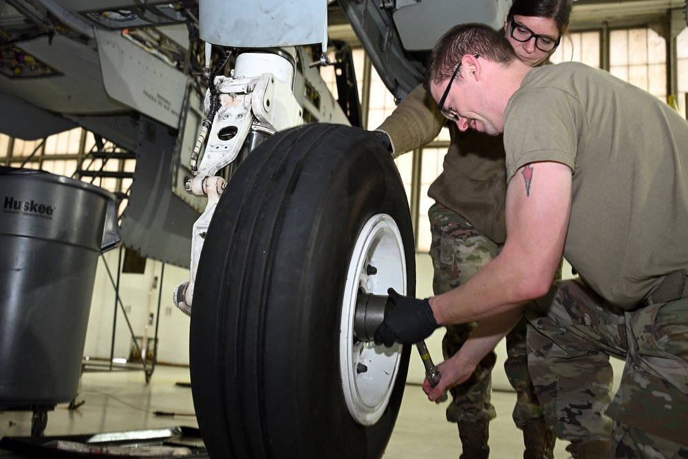 127th Maintenance Squadron repack the brake and wheel assembly strut on an A-10 Thunderbolt II