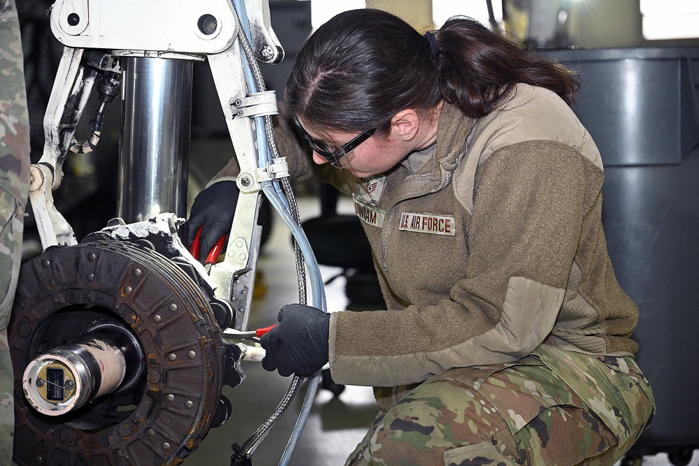 127th Maintenance Squadron repack the brake and wheel assembly strut on an A-10 Thunderbolt II