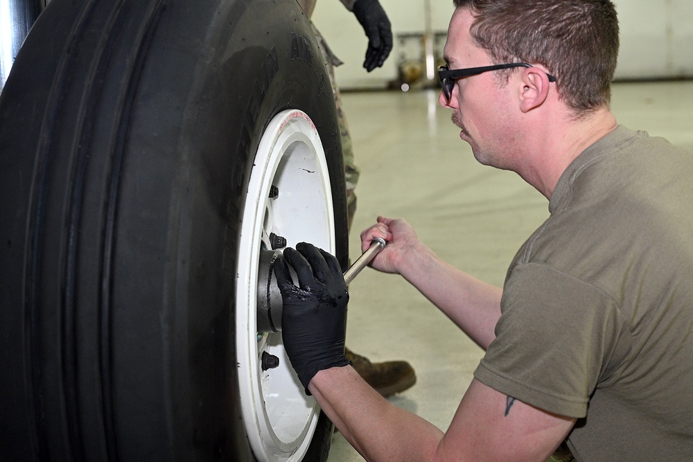 127th Maintenance Squadron repack the brake and wheel assembly strut on an A-10 Thunderbolt II