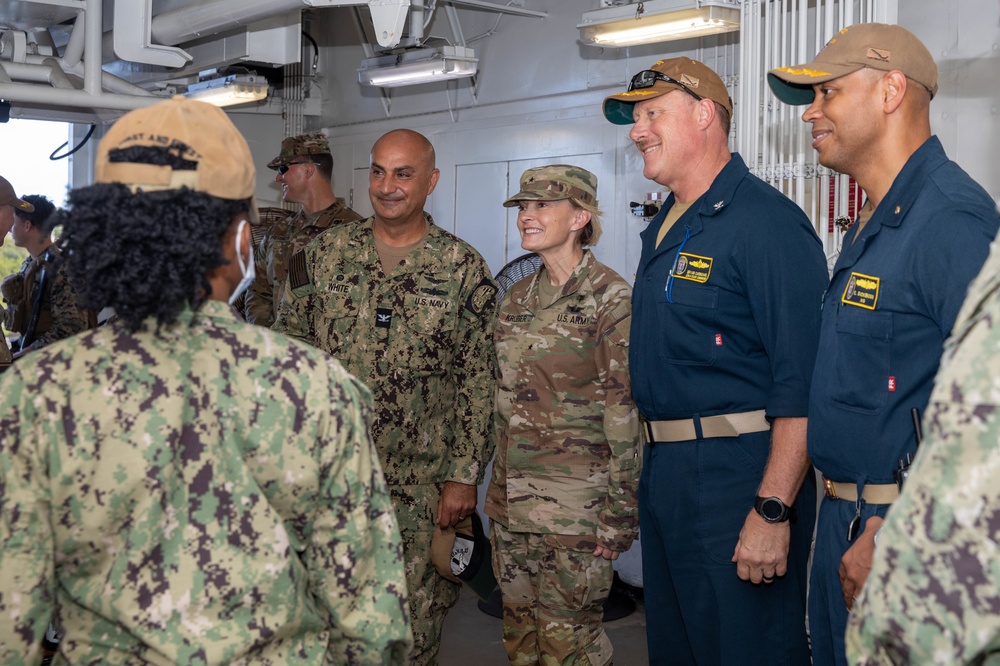 U.S. Army Brig. Gen. Mary Krueger, commander Regional Health Command Atlantic, takes a tour of USNS Comfort during Continuing Promise 2022 in Naval Station Guantanamo Bay