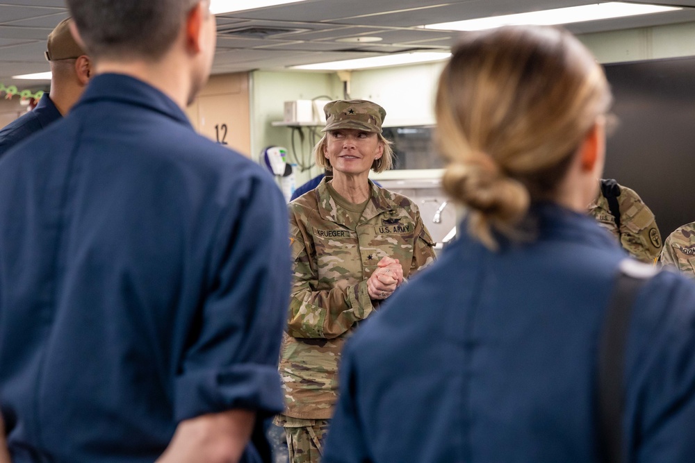 U.S. Army Brig. Gen. Mary Krueger, commander Regional Health Command Atlantic, takes a tour of USNS Comfort during Continuing Promise 2022 in Naval Station Guantanamo Bay