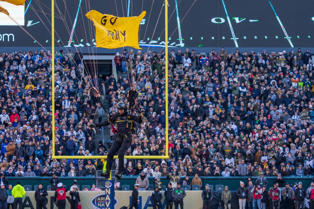 The U.S. Army Parachute Team jumps into the Army Navy game