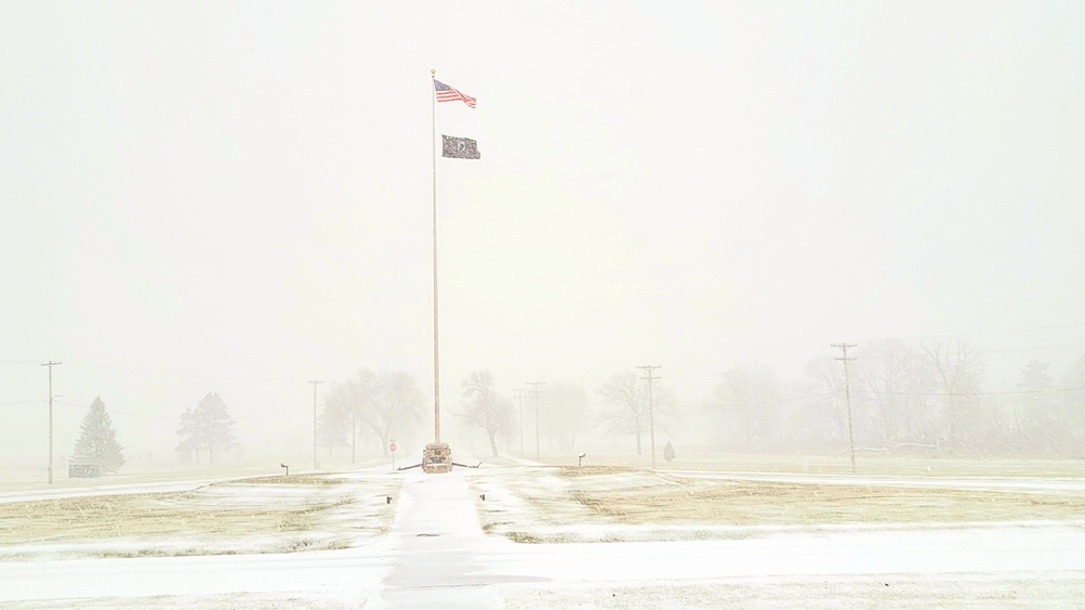 Fresh snow and the American Flag at Fort McCoy