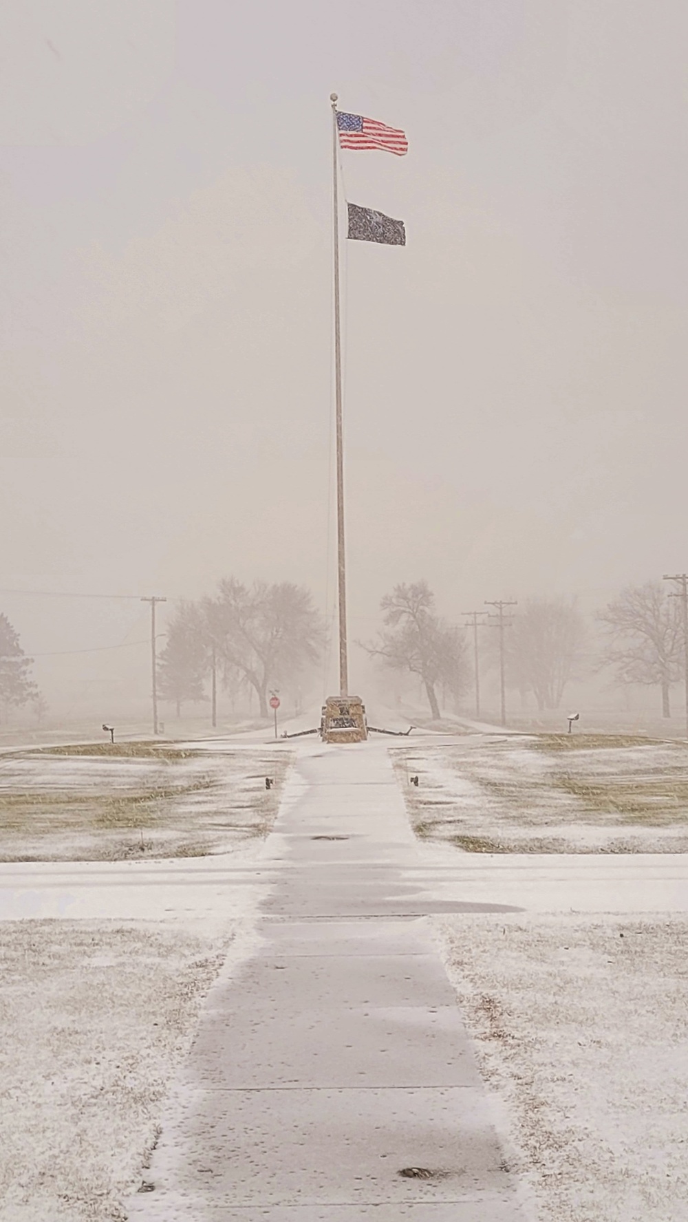 Fresh snow and the American Flag at Fort McCoy