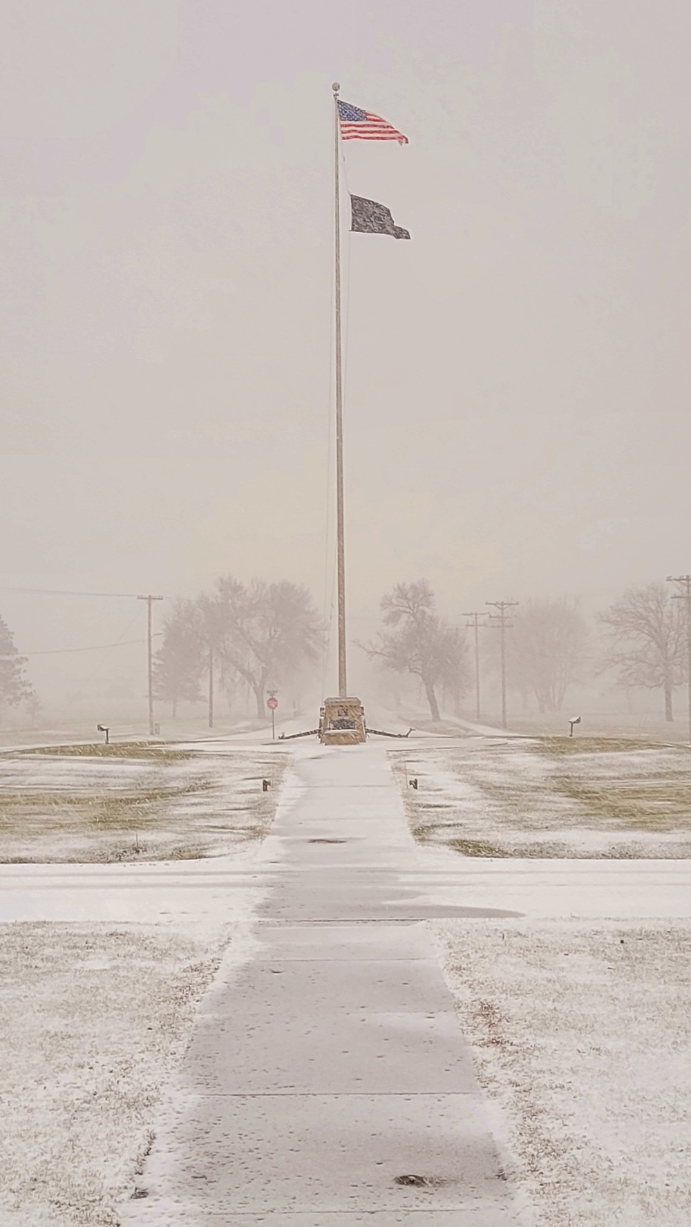 Fresh snow and the American Flag at Fort McCoy