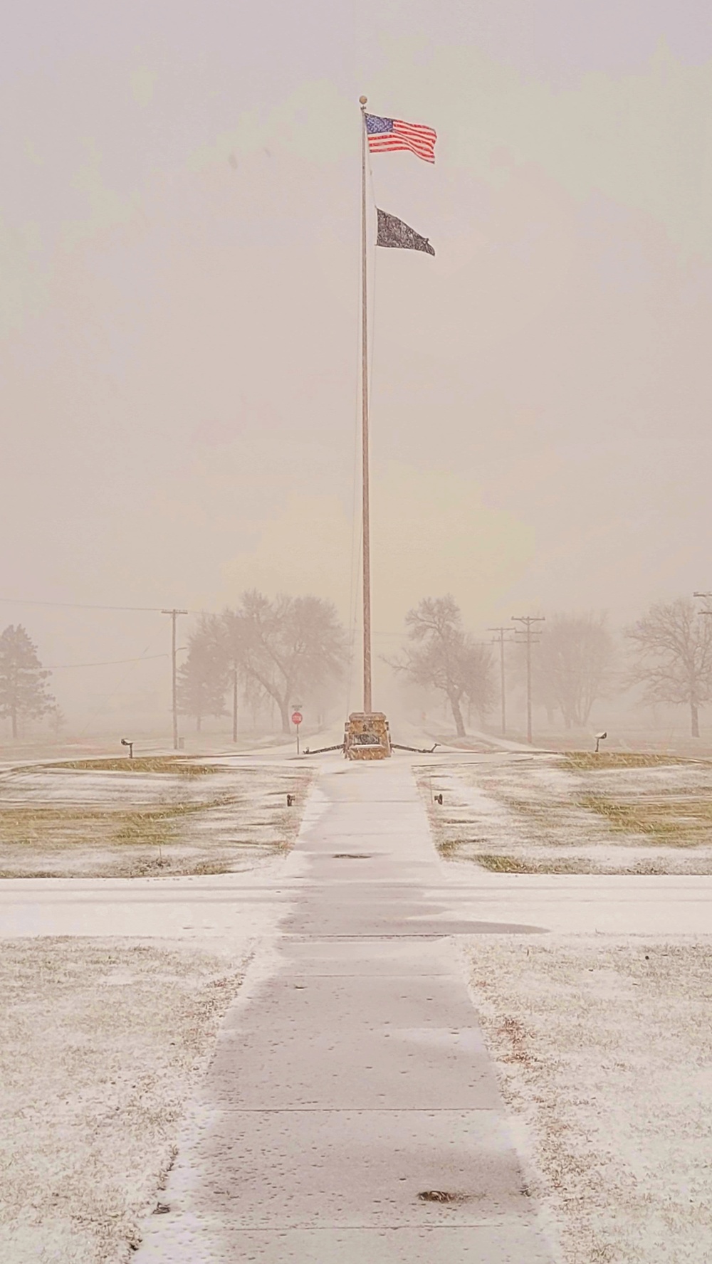 Fresh snow and the American Flag at Fort McCoy