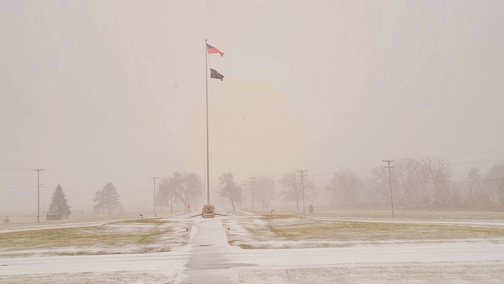 Fresh snow and the American Flag at Fort McCoy