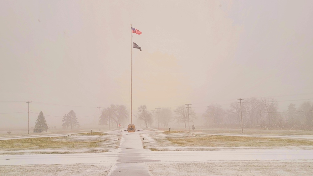 Fresh snow and the American Flag at Fort McCoy