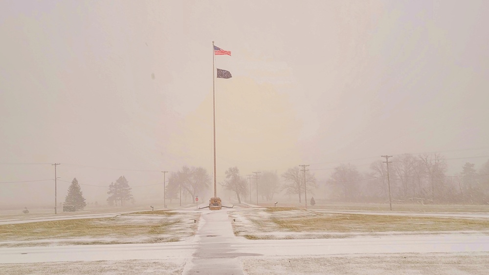 Fresh snow and the American Flag at Fort McCoy