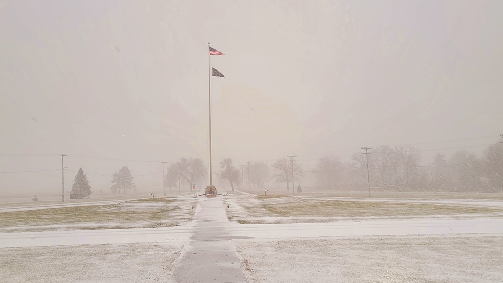 Fresh snow and the American Flag at Fort McCoy