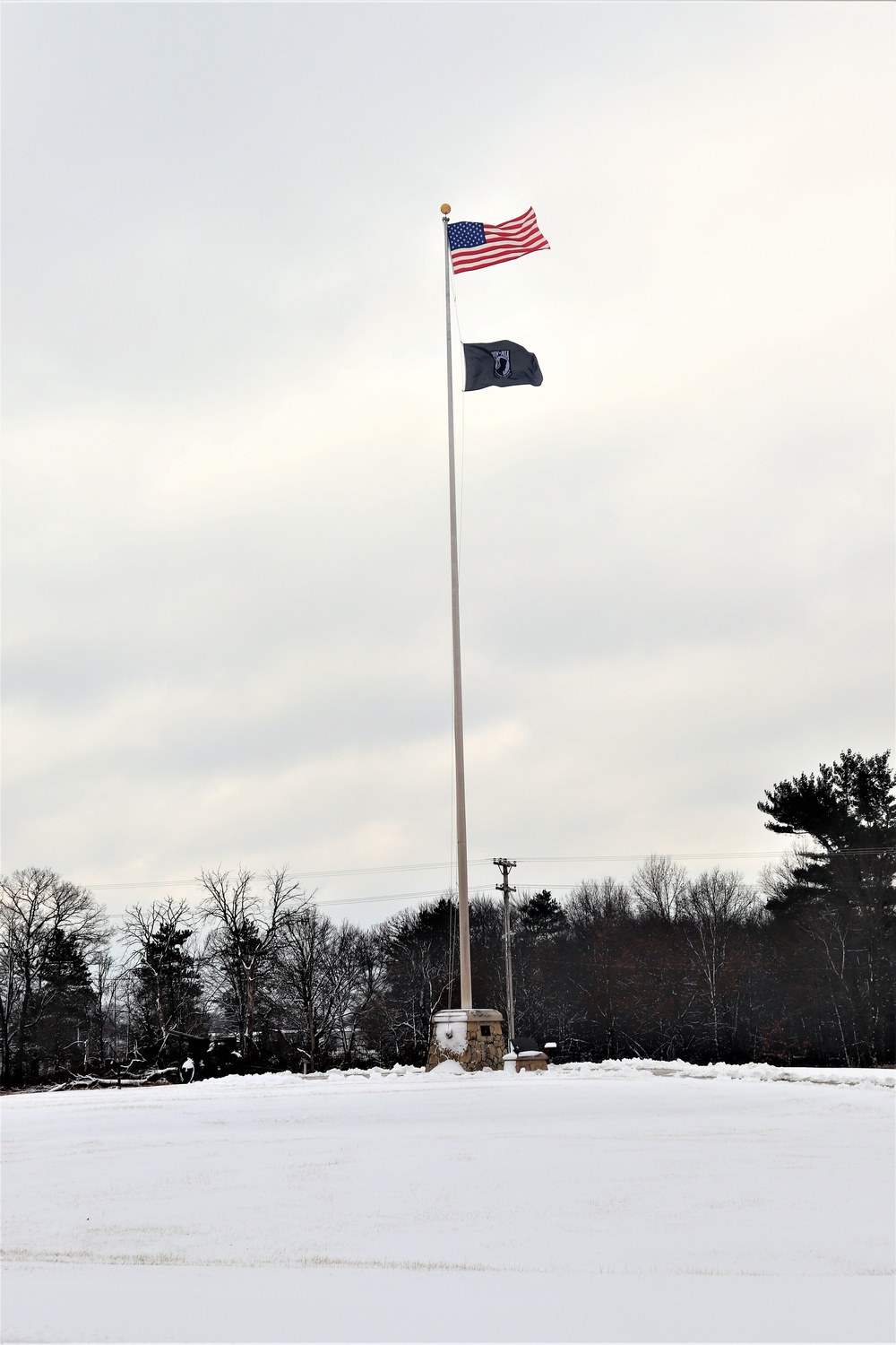 Fresh snow and the American Flag at Fort McCoy